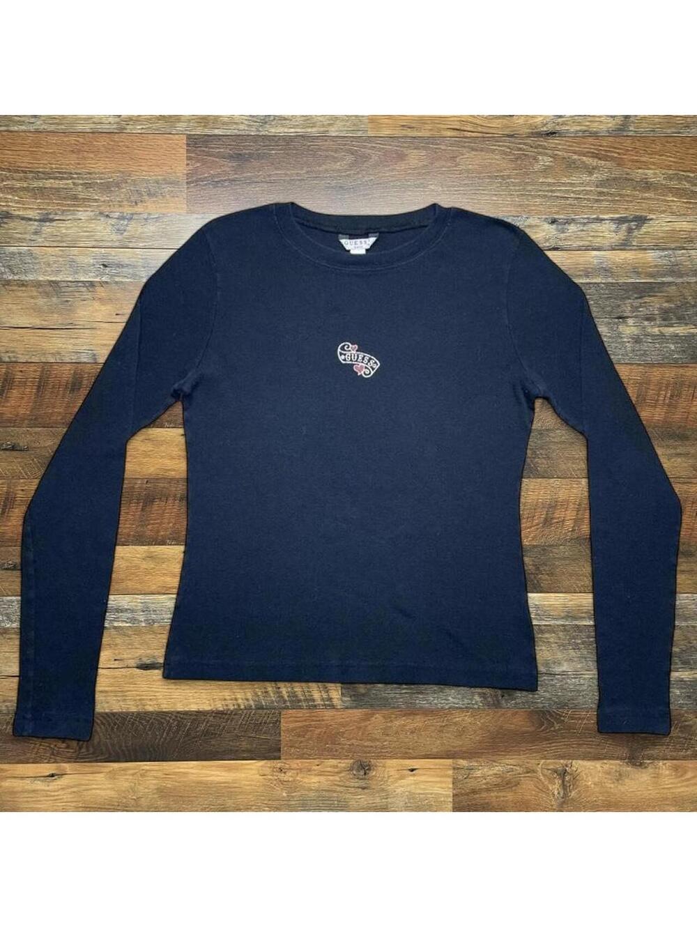 Vintage Guess Womens Baby Tee Heart Long Sleeve Shirt Size L Spellout.